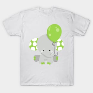 Elephant With Balloon, Cute Elephant - Green Gray T-Shirt